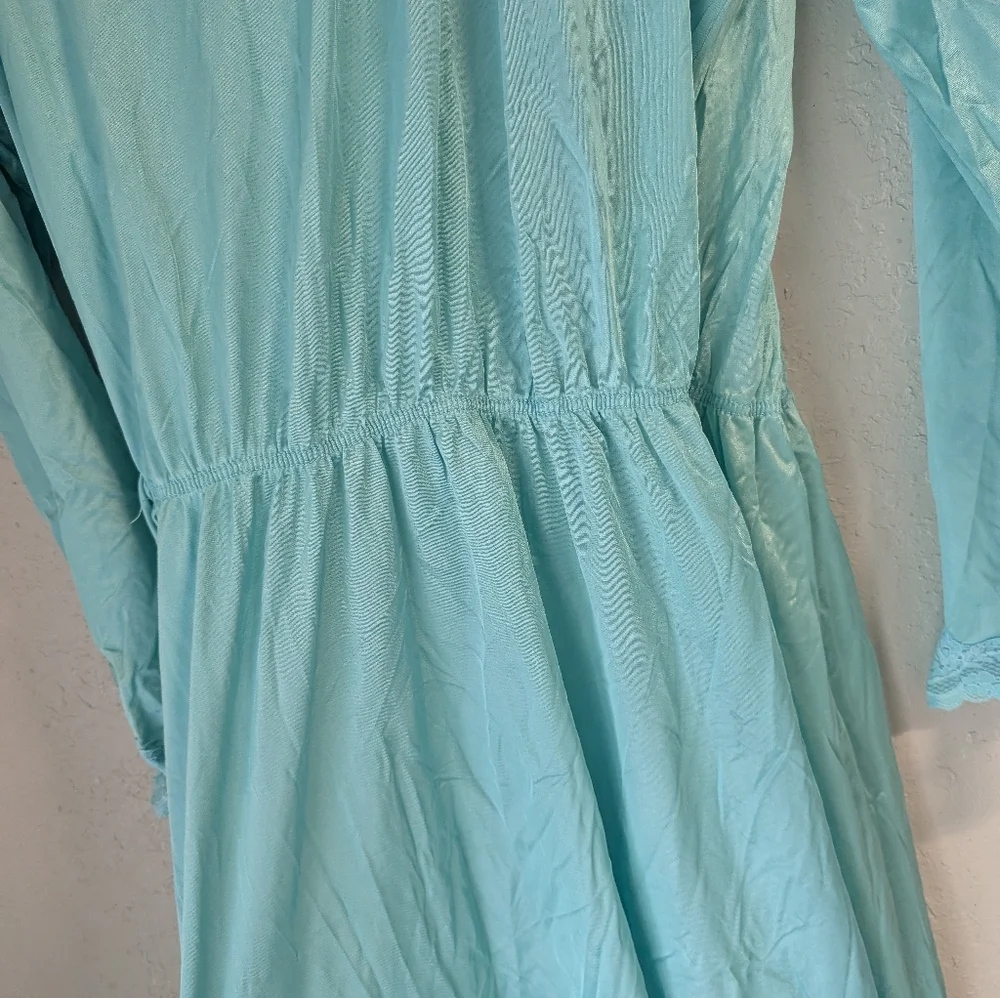 Julie Two Vtg Teal Aqua Ruffled Housecoat Robe S Pockets Lace 80s 90s Coquette